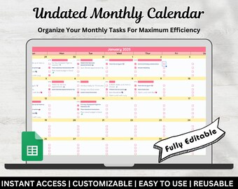 Monthly Calender Planner Template, Undated Monthly Planner, Google Sheets,Task Planner Spreadsheet, Task And Habit Tracker,To-Do List,Annual
