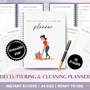 May include: A printable decluttering and cleaning planner with 31 pages. The planner features a cartoon illustration of a person cleaning with a mop and bucket. The planner includes sections for controlling clutter, speed cleaning, cleaning bedrooms, and a KonMari checklist.