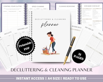 May include: A printable decluttering and cleaning planner with 31 pages. The planner features a cartoon illustration of a person cleaning with a mop and bucket. The planner includes sections for controlling clutter, speed cleaning, cleaning bedrooms, and a KonMari checklist.