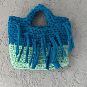 Colorful Handbag, Crochet Cotton Bag, Blue Green Crochet Bag, Green Handbag, Festival Bag, Vintage Handmade Bag, Fringle Handbag, Casual Bag