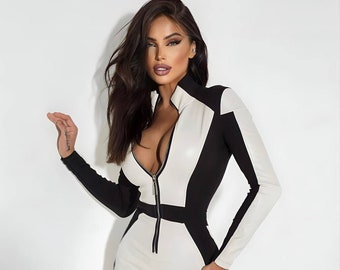 Leather Striped Jumpsuit, Full Body Bodycon, Fashion Streetwear, Glamorous Night Out, Catsuit Long Sleeve Bodysuit, Sport Clothing for Women