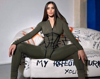 Leather Striped Jumpsuit, Full Body Bodycon, Fashion Streetwear, Glamorous Night Out, Catsuit Long Sleeve Bodysuit, Sport Clothing for Women