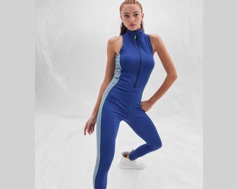 Blue Jumpsuit, Zero Sleeve Bodysuit, Blue Sport Clothing for Women, Fashion Streetwear, Body Bodycon, Yoga Clothing, Daily Outfit, Woman Day