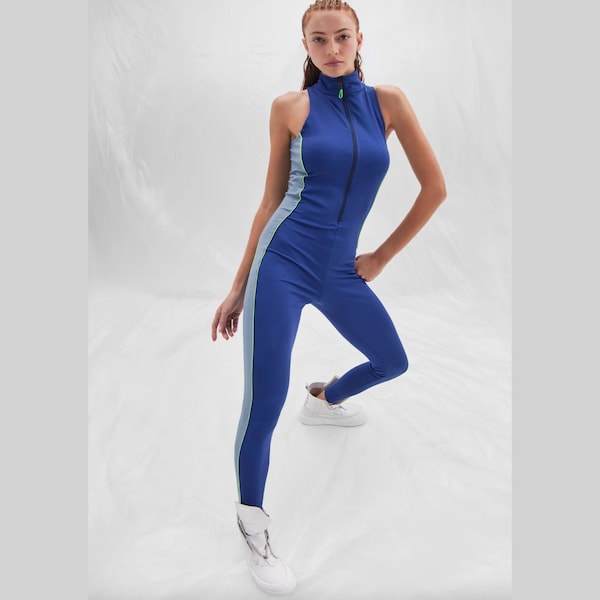 Blue Jumpsuit, Zero Sleeve Bodysuit, Blue Sport Clothing for Women, Fashion Streetwear, Body Bodycon, Yoga Clothing, Daily Outfit, Woman Day
