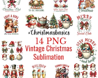 Paquete de 14 imágenes navideñas vintage PNG, Feliz Navidad PNG, Camiseta navideña PNG, Navidad PNG, Navidad femenina PNG, Navidad retro PNG