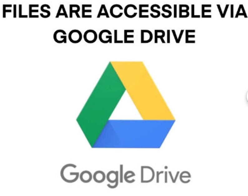 May include: A blue, green, and yellow Google Drive logo with the text "FILES ARE ACCESSIBLE VIA GOOGLE DRIVE" above the logo and the text "Google Drive" below the logo.
