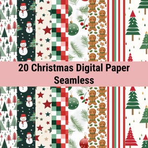 Peut inclure: 20 papiers numériques sur le thème de Noël. Les papiers présentent différents motifs, notamment un bonhomme de neige, des hommes en pain d'épices, des sapins de Noël, des étoiles et des motifs à carreaux en rouge, vert et blanc.