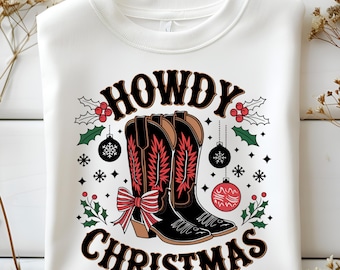 Howdy Christmas Boots PNG, Cowboy Coquette Rosett, Western Christmas PNG Design för sublimering, Christmas Cowboy Boots PNG, Omedelbar Nedladdning