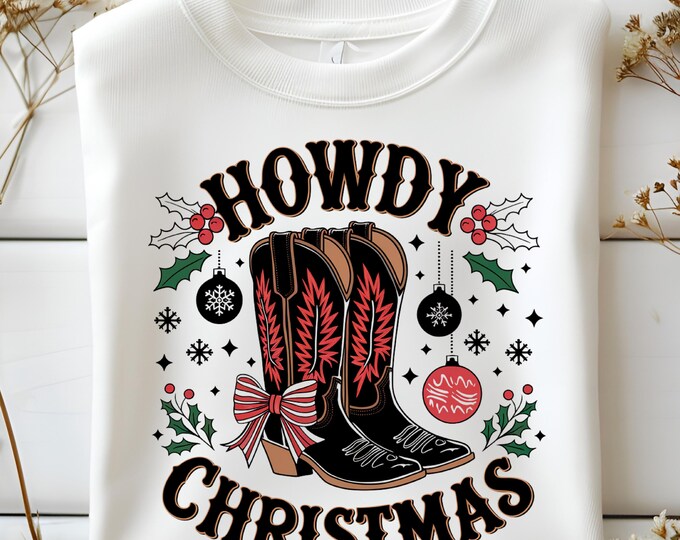 Howdy Christmas Boots PNG, Cowboy Coquette Bow, Western Christmas PNG Design for Sublimation, Christmas Cowboy Boots PNG, Instant Download