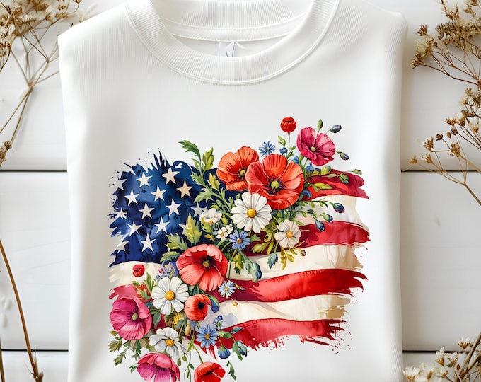 American Flag Floral PNG, Patriotic Wildflower USA Sublimation Design, Boho 4th Of July Shirt Graphic, Poppy And Daisy Flag PNG, floral png