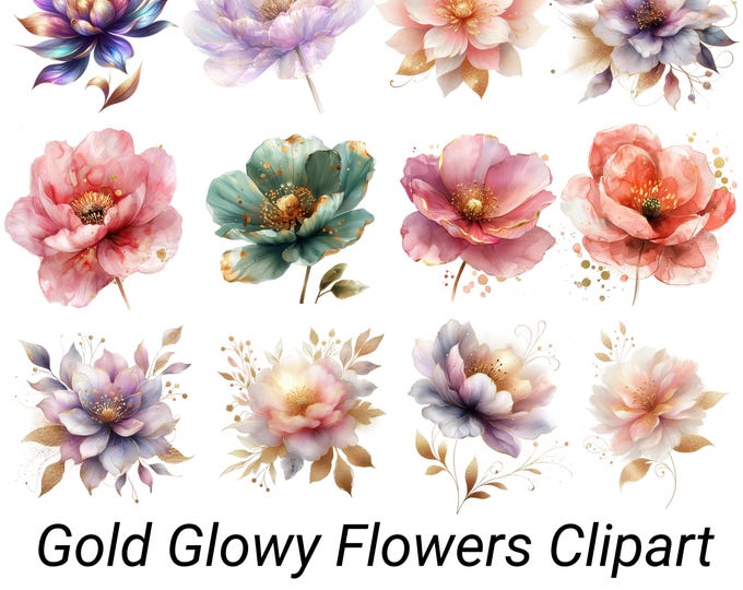 30 Watercolor Abstract Flowers Clipart Bundle, Pink Gold Flower Png, Glowy Flowers Print, Purple Gold Flowers, Sparkling Flowers Clipart Png
