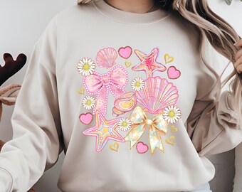 Bloemige coquette schelp PNG, Preppy kust PNG, Boho zomer PNG, strand PNG, zomer coquette PNG, zeester PNG, zomer vibes shirtontwerp