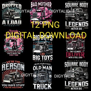 Puede incluir: Una descarga digital de 12 diseños con temática de camioneros. Los diseños presentan camiones, texto y estrellas. Los diseños son en negro, blanco, rojo, azul y rosa.