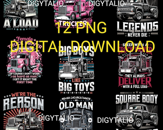 12 Trucker png, trucker png bundle, sublimation trucker png, cricut cut file, t shirt design, Pickup Truck, Truck png,  Heavy Goods Vehicle,