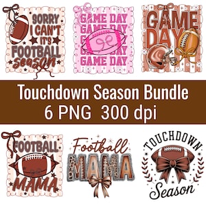 Peut inclure: Ensemble de six motifs numériques PNG sur le thème du football. Les motifs comprennent des ballons de football, des casques et du texte tel que "Game Day", "Football Mama" et "Touchdown Season". Les couleurs sont marron, rose et blanc.