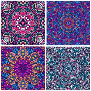 Peut inclure: Quatre motifs de mandalas colorés et complexes avec des motifs géométriques répétitifs dans des tons de bleu, rose, violet et jaune.