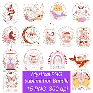 Puede incluir: Un conjunto de 15 ilustraciones digitales con temas místicos y mágicos. Las ilustraciones son de estilo boho con una paleta de colores rosa, morado, marrón y dorado. Las ilustraciones presentan varios símbolos, incluyendo lunas, estrellas, cristales, hongos y arcoíris. El texto "No escondas tu magia" aparece en una de las ilustraciones.