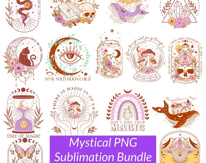 Mystical Png, celestial png bundle, Mystical png for Cricut, Crystal Moon png, Moon Phase png, Png Files for cricut, whale png, bruja png