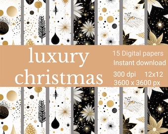 Christmas Digital Paper, Christmas white black gold Patterns, Christmas Scrapbook Paper, Digital Papers for Scrapbooking, Junk Journal PNG