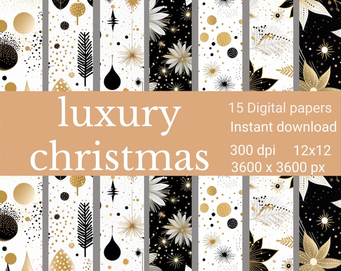 Christmas Digital Paper, Christmas white black gold Patterns, Christmas Scrapbook Paper, Digital Papers for Scrapbooking, Junk Journal PNG