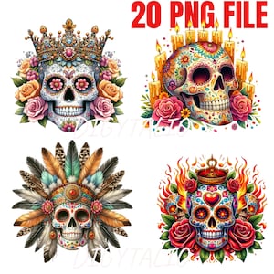 20 PNG, Dia de los Muertos Clipart-Sugar Skull with Sombrero&Beer PNG,Mexican Day of the Dead Art for DIY Project,Halloween,Party Decoration