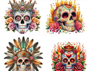 20 PNG, Dia de los Muertos Clipart-Sugar Skull with Sombrero&Beer PNG,Mexican Day of the Dead Art for DIY Project,Halloween,Party Decoration