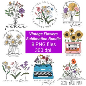 Flowers Sublimation Design, Spring Flower, Vintage Flowers, Sublimation Bundle, Retro Floral PNG, floral book svg, groovy flower svg