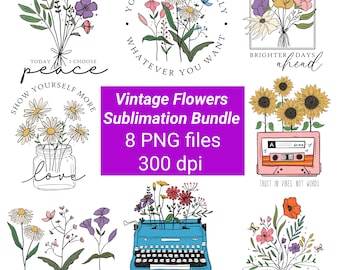 Flowers Sublimation Design, Spring Flower, Vintage Flowers, Sublimation Bundle, Retro Floral PNG, floral book svg, groovy flower svg