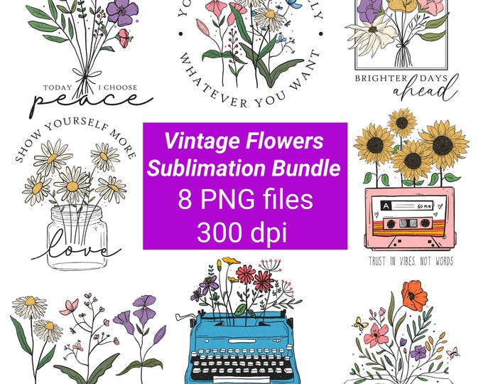 Flowers Sublimation Design, Spring Flower, Vintage Flowers, Sublimation Bundle, Retro Floral PNG, floral book svg, groovy flower svg