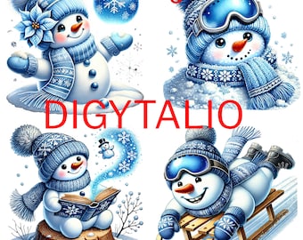 22 PNG, Watercolor Blue Snowman Collection Clipart, Festive Snowman Clipart, Blue Christmas, Cute Snowman Clipart, Commercial Use, snow png