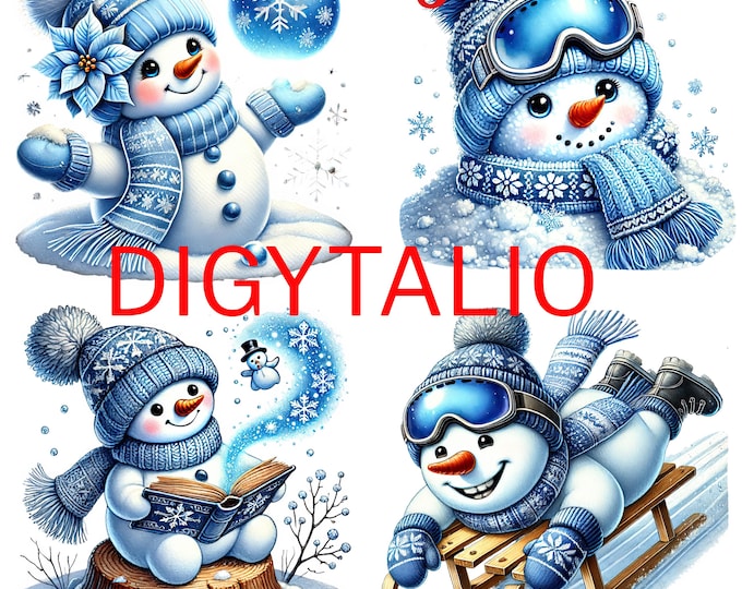 22 PNG, Watercolor Blue Snowman Collection Clipart, Festive Snowman Clipart, Blue Christmas, Cute Snowman Clipart, Commercial Use, snow png
