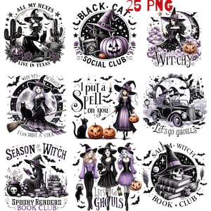 May include: A set of 10 digital printable images featuring black cats, witches, and spooky sayings. The images are ideal for creating Halloween-themed crafts, decorations, and apparel.