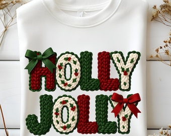 Faux Yarn Holly Jolly Christmas PNG, Yarn Christmas Floral Png, Chunky Knit Coquette Bow Christmas Plaid, Instant Download, Christmas PNG