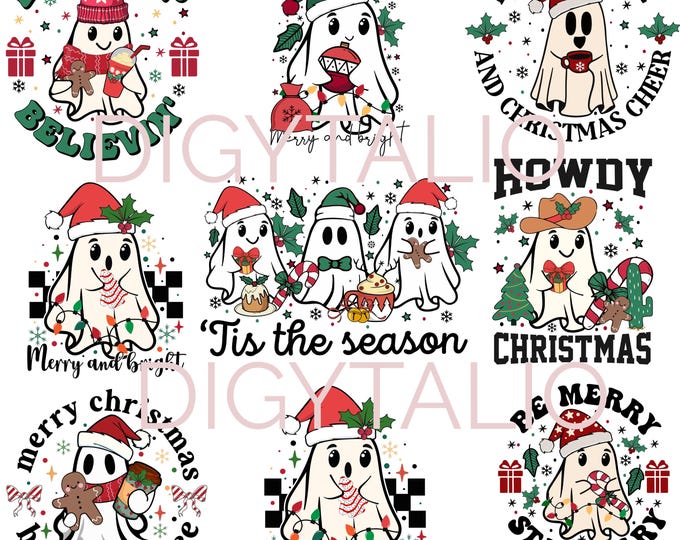 8 PNG Design Ghost Christmas, Ghost Christmas, Spooky Christmas, Cute Christmas Ghost bundle Png, halloween svg, Spooky Christmas Clipart