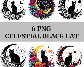 6 PNG Cute Cat and Moon, Magic Cat Png, Moon Cat png, Boho png, Magic Illustration png, Cat Silhouette, Moon png, Cat Clipart, Mystical cat,