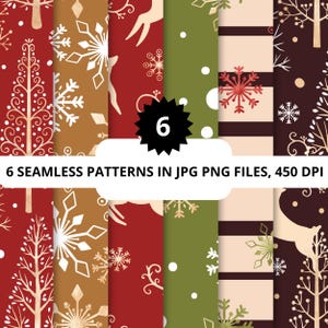 Peut inclure: Six motifs de Noël sans couture en téléchargement numérique. Les motifs présentent des flocons de neige, des arbres, des rennes et des rayures en rouge, vert, marron et blanc.