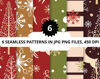 Winter floral digital papers, animals seamless patterns, Christmas flowers background paper pack, Watercolor background png paper, 6 png jpg