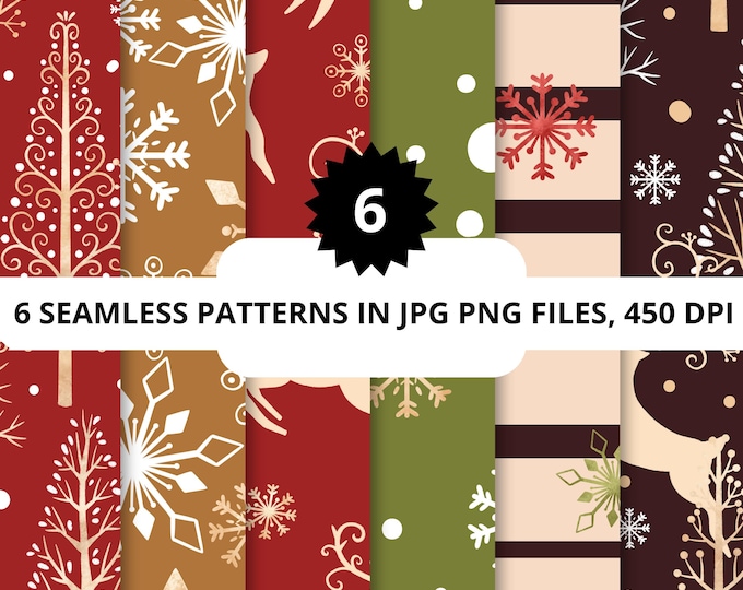 Winter floral digital papers, animals seamless patterns, Christmas flowers background paper pack, Watercolor background png paper, 6 png jpg