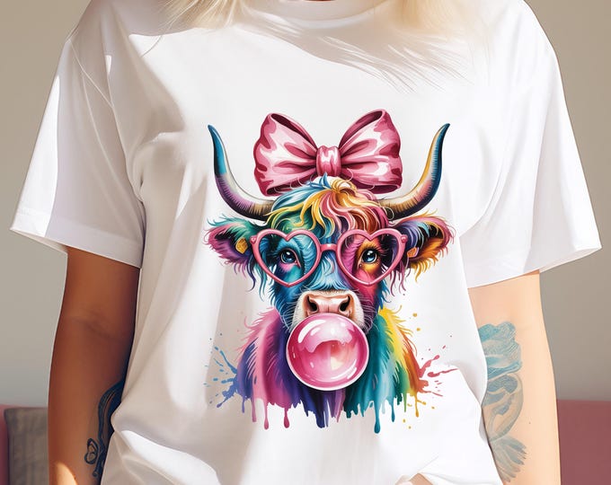 Coquette Highland Cow Bubblegum Tshirt Design, Holographic Png, Sublimation Designs for Shirts, Trending, Tshirt Design, coquette bow png