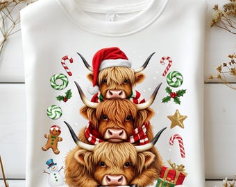 Highland Cow Christmas png, Cute Cow Holiday Sublimation Design, Festive Farm Xmas Clipart, Winter Shirt PNG,  Instant Download, Christmas