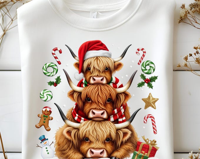 Highland Cow Christmas png, Cute Cow Holiday Sublimation Design, Festive Farm Xmas Clipart, Winter Shirt PNG,  Instant Download, Christmas