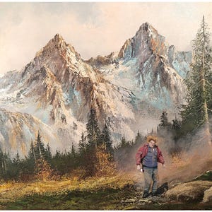 May include: An oil painting depicts a mountain landscape with snow-capped peaks and a person walking on a path. The artwork features a color palette of browns, greens, and blues, with a focus on the natural environment.