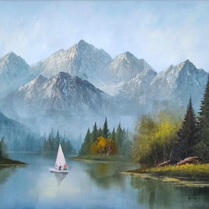 May include: An oil painting depicts a serene lake scene with a sailboat and distant mountains. The artwork features a sailboat with two figures, and three people standing on a rock. The mountains are snow-capped, and the sky is a soft blue.