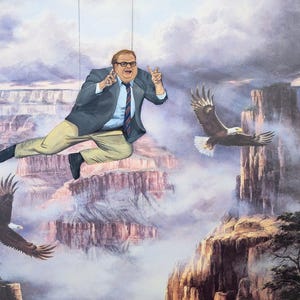 May include: A whimsical painting depicts a man in a suit and tie suspended in the air above a canyon, with two eagles soaring nearby. The artwork features a dramatic landscape with cliffs and a cloudy sky.