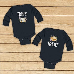 Halloween Baby Zwillingsgeschwister Body &#39;TREAT&#39; und &#39;TRICK&#39; | Langarm Baby & Kleinkind Passendes Halloween Kostüm, Twin Baby Halloween Outfit