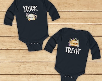 Halloween Baby Twin Sibling Bodysuits 'TREAT' and 'TRICK' | Long Sleeve Baby & Toddler Matching Halloween Costume,Twin Baby Halloween Outfit