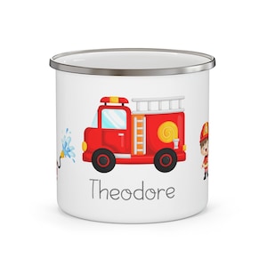 Personalized Enamel Kids Mug Fireman Firetruck Firefighter,Custom Children&#39;s Cup, Kids Birthday Gift, Toddler Mug, Enamel Camping Travel Mug