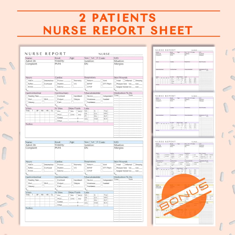 2 Patients Nurse Report Sheet, Nurse Assessment, Nurse Report, Medsurg ...