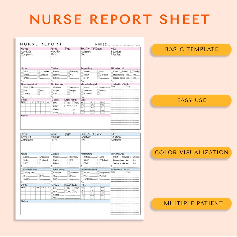 2 Patients Nurse Report Sheet, Nurse Assessment, Nurse Report, Medsurg ...