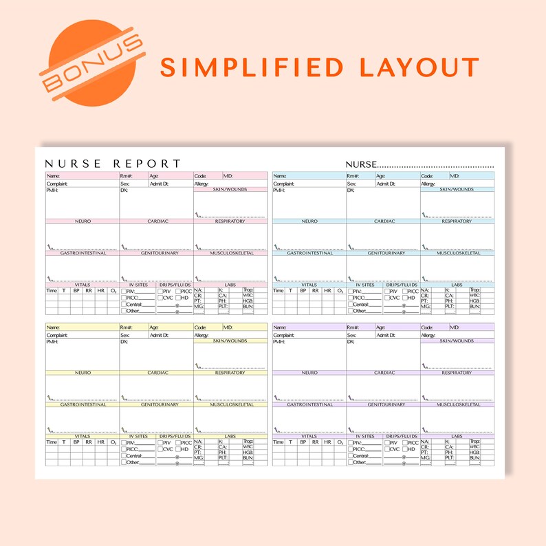 Nurse Task Layout 4 Patients Printable Nurse Report Paper, Nurse Brain Sheet, Nurse ...